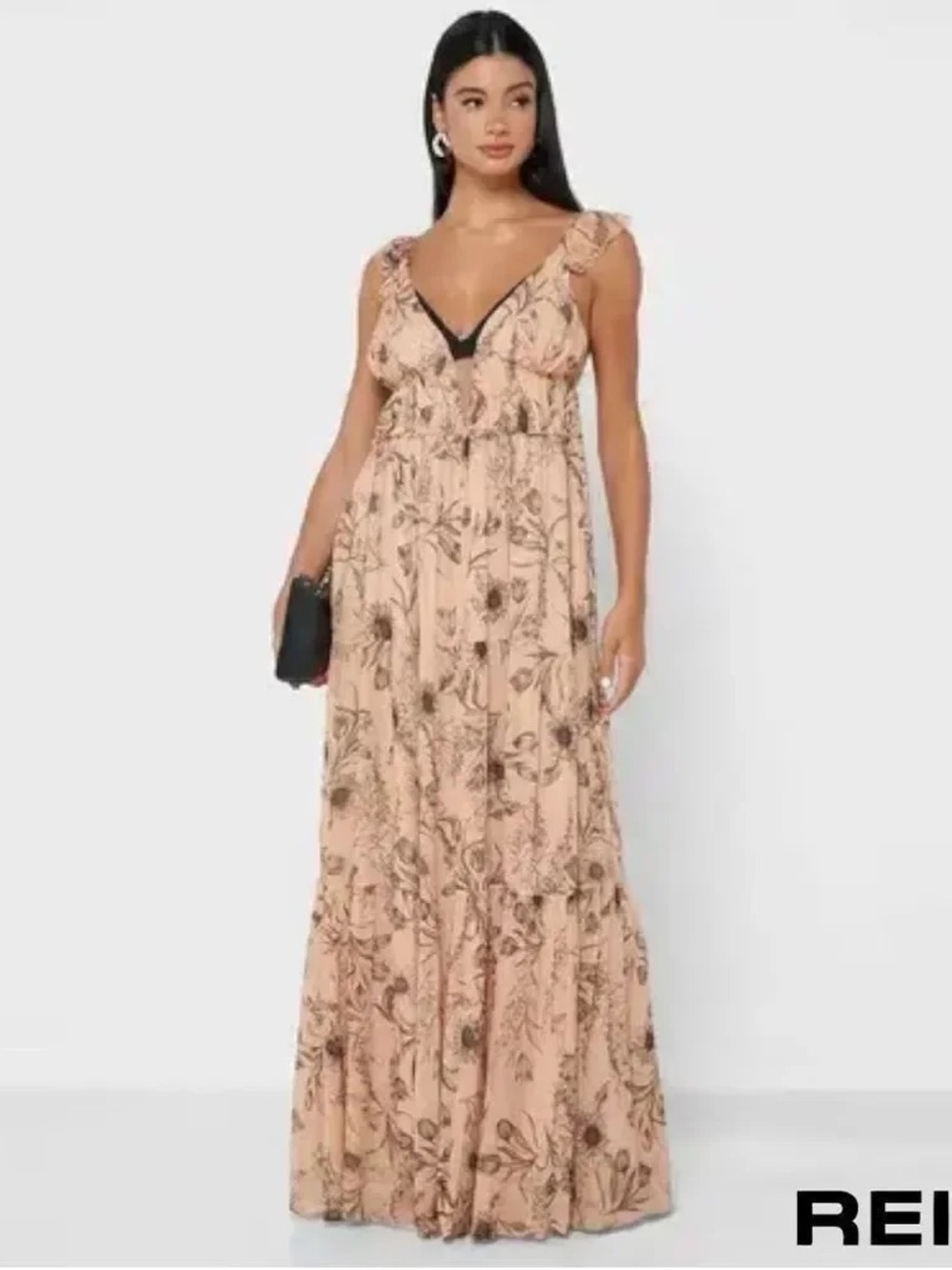 Reiss Peach Floral V-Neck Ruffle-Shoulder Maxi Dress
